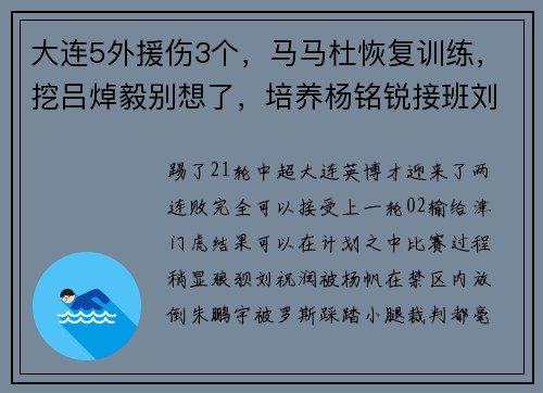 大连5外援伤3个，马马杜恢复训练，挖吕焯毅别想了，培养杨铭锐接班刘祝润